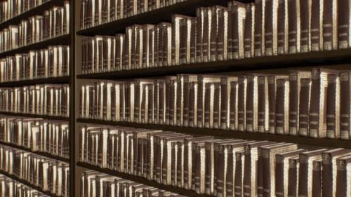 Endless Bookshelf of Wall of Books in Old Antique Brown Library Aisle - 4K