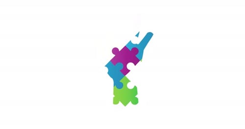 Digital generiertes Video von Hoffnungstext mit Puzzle-Elementen, die ein Autismus-Symbol auf weißem