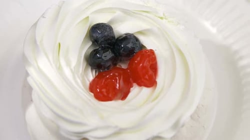 Closeup Upper View Delicious Cream Cake with Berries