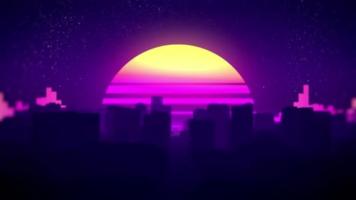 Retro Synthwave City Horizon with Neon Sunset Animation