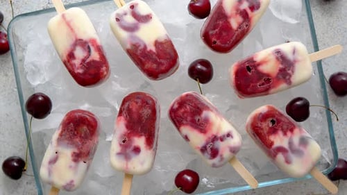 Cherry Ice Pops with Fresh Cherries on Ice