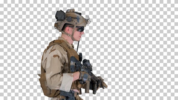 US Army ranger in uniform and weapon walking, Alpha Channel, People ...