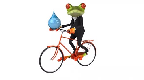 Animated Frog in Suit Riding Bicycle Holding Water Drop