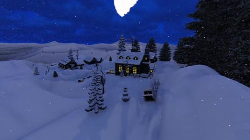 Snowy Winter Village with Sleigh and Falling Snow at Night