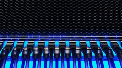 Ethernet cables connected to the network switch. Blue Led lights flashing. HD