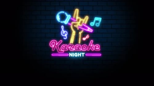 Panneau néon de nuit karaoké sur mur de briques 4K