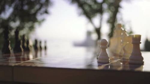 Close Up Wooden Chess Pieces on Board Dolly Shot Close Up