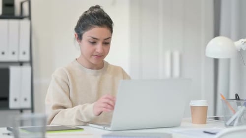 Indian Woman Standing Up Going Away Laptop