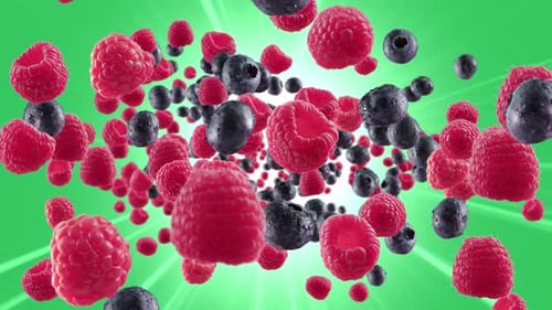 Burst of Raspberry Blueberry in Green Background