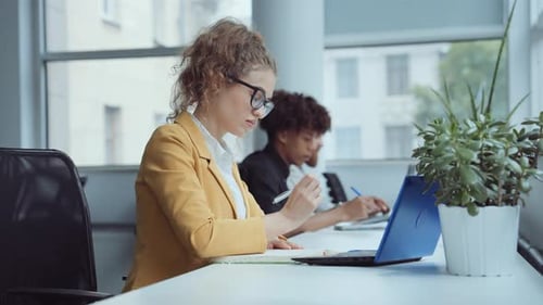 Young Woman Works at Laptop in Modern Office