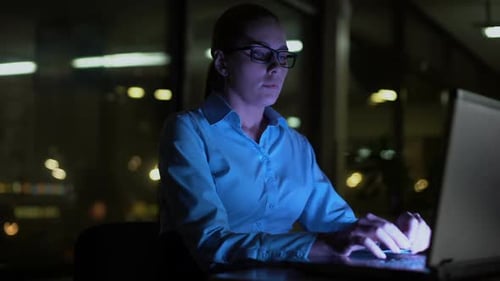 Woman Working Extra Hours at Night, Thinking Over Difficult Business Project