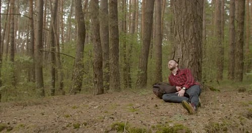 Man Resting Against Tree in Forest