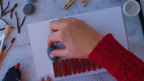 Making Diy Merry Christmas Deer on Greeting Card Postcard Made of Pebbles Sea Stones Clothespins and