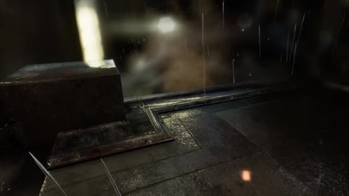 Atmospheric Dark Industrial Environment with Falling Rain and Fog