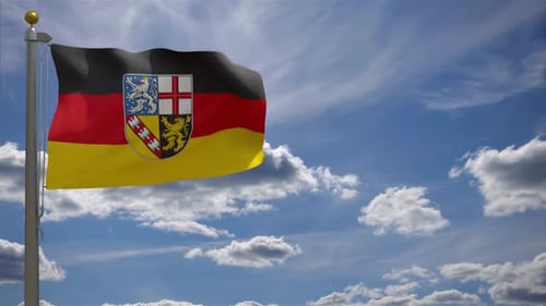 Waving German State Flag with Coat of Arms Against Blue Sky