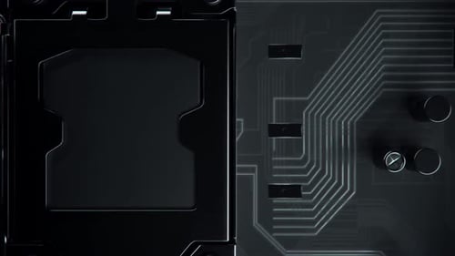 CPU in the slot with glowing orange symbolic data streams or electrical signals.