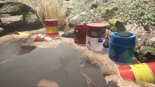 Polluted Water And Toxic Waste Barrels Environmental Scene