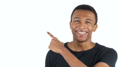 Pointing on Side, Afro-American Handsome Man, White Background