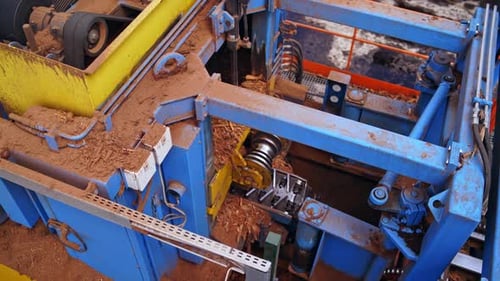 Sawmill. Process of machining logs in a machine different view closeup. Removing bark from logs.