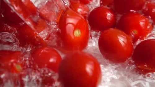 Rote Kirschtomate ins Wasser fallen lassen. Tomaten waschen.