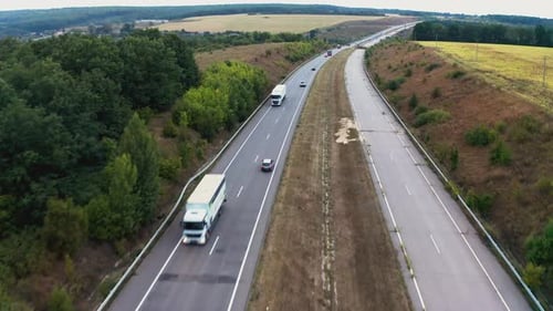Cars Drive on One Lane of Long Road Stretching Between Trees