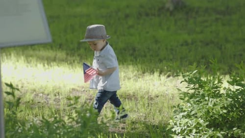 Baby Child Toddler Walking City Park Holding American Flag Independence Day