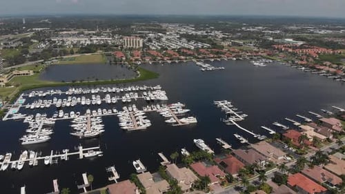 Aerial of the South Florida lifestyle in Bradenton, Florida. Home and yacht communities abound off