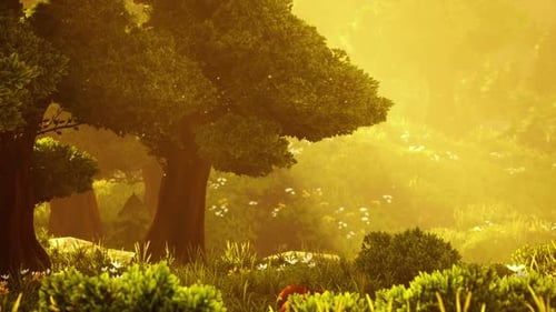 Stylized Animated Forest with Golden Sunlight