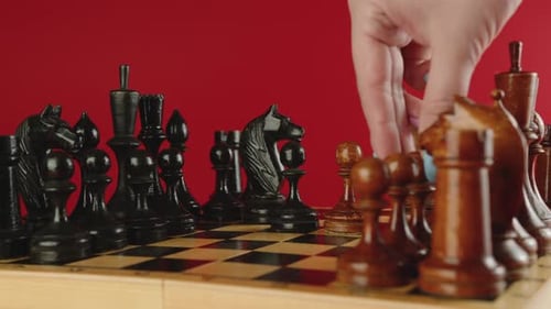 Close Up of White and Black Wooden Chess Pieces on Board