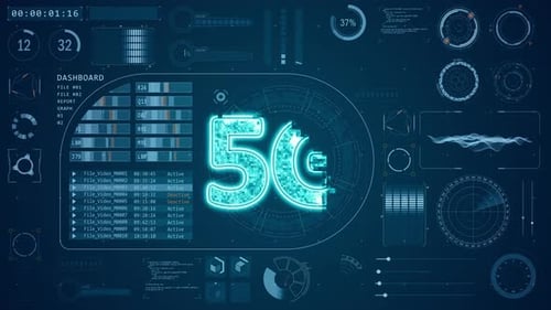 Blue digital 5G logo with head up display background and futuristic technology abstract background