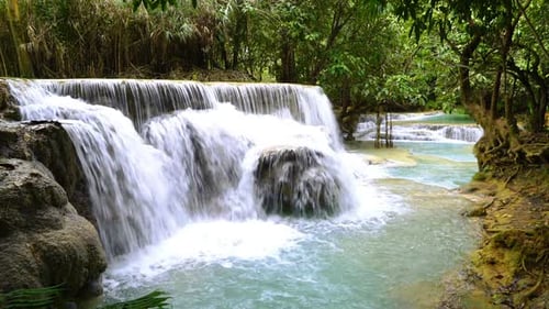 Picturesque Waterfall Cascading in Lush Tropical Forest