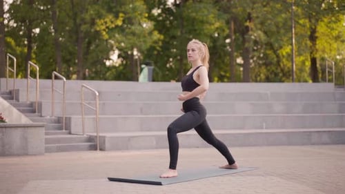 Fitness Woman Practice Yoga Exercises On Mat Outdoor City Street Sunlight Background