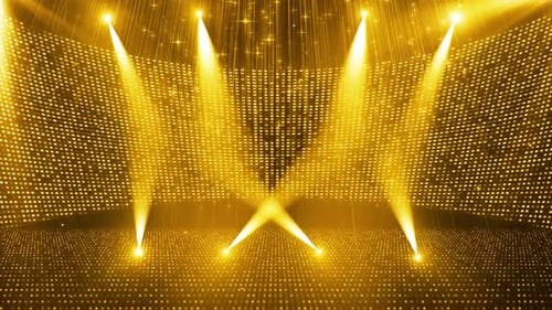 Fundo de palco do salão de exibição de luz de néon de partículas douradas