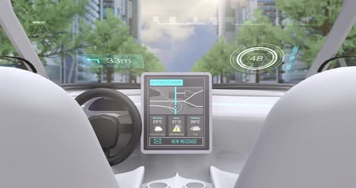 Video game simulation screen showing car cockpit driving through city streets