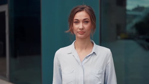 Businesswoman Successful Woman Business Person Standing Outdoor Corporate Building Exterior. Pensive