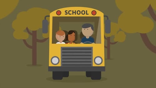 Children with backpacks are sitting in the yellow bus, which is taking them home