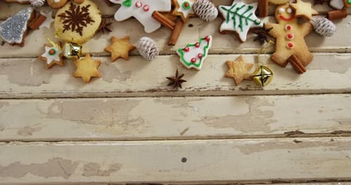 Overhead of Assorted Christmas Cookies on Rustic White Wood