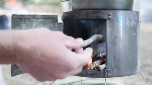 Rustic Camp Stove Fire Burning Outdoors