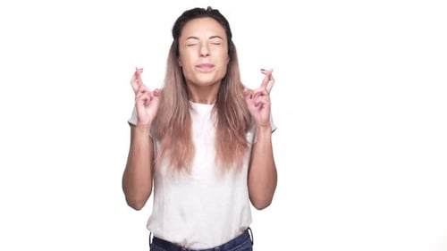 Woman Hoping and Praying on White Background