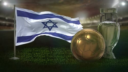Waving Israel Flag with Golden Soccer Ball and Trophy in Stadium