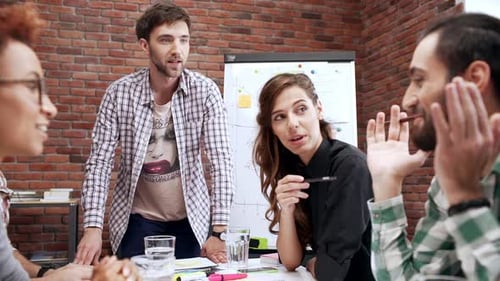 Slow Motion Group of People in Office Colleagues Sharing Thoughts Sitting in Conference Room Office