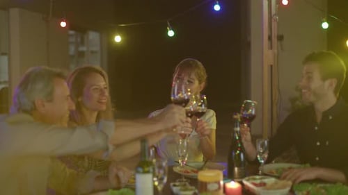 Friends Celebrate Together at Night Over Dinner