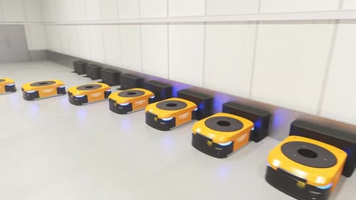 Animation with a warehouse industry autonomic robots starts work after charging