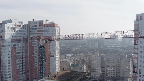 Top View of a Lifting Crane for Building a New Tall House in the City Center, Kharkov, Ukraine