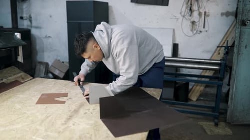Porträt eines echten Klempnerschmieds eines Mannes, der in seiner Werkstatt mit Metall arbeitet