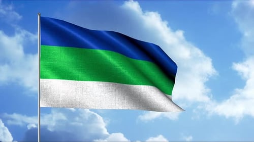 Blue Green White Striped Flag Waving in Sky