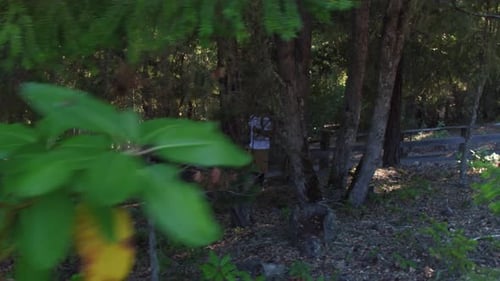 Couple hiking outdoors through forest