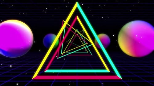 Retro Neon Tunnel Loop with Geometric Shapes and Spheres