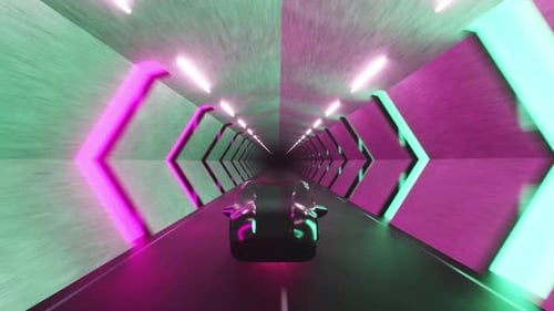 Futuristic Car Driving Through High-Speed Neon Tunnel