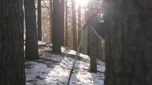 Man Hiker Walking in Mountain Forest Slow Motion